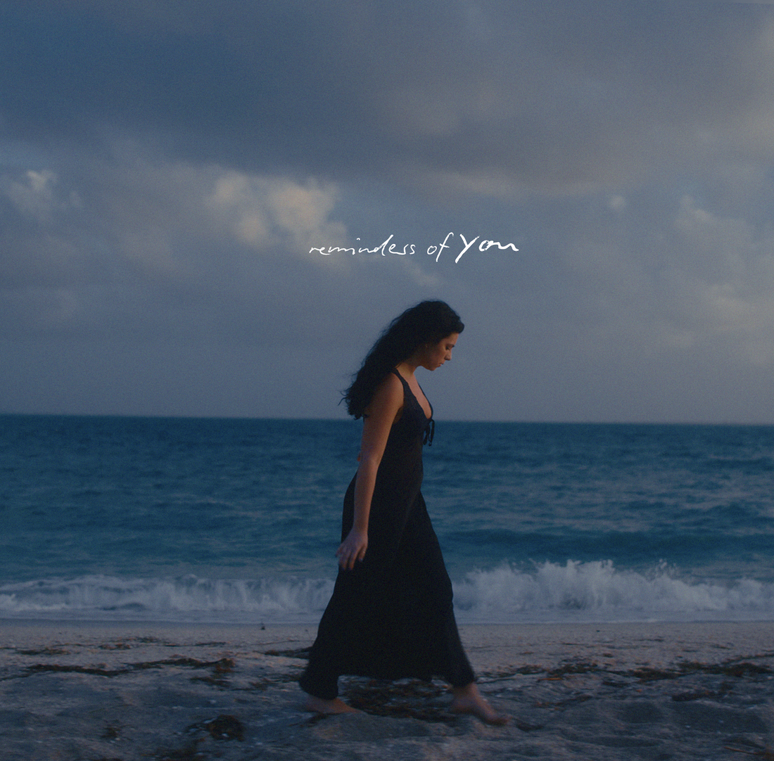 Savanna standing in a gloomy and dark ocean wearing a black v-neck dress. Text says 'Reminders of You' in white on above her.